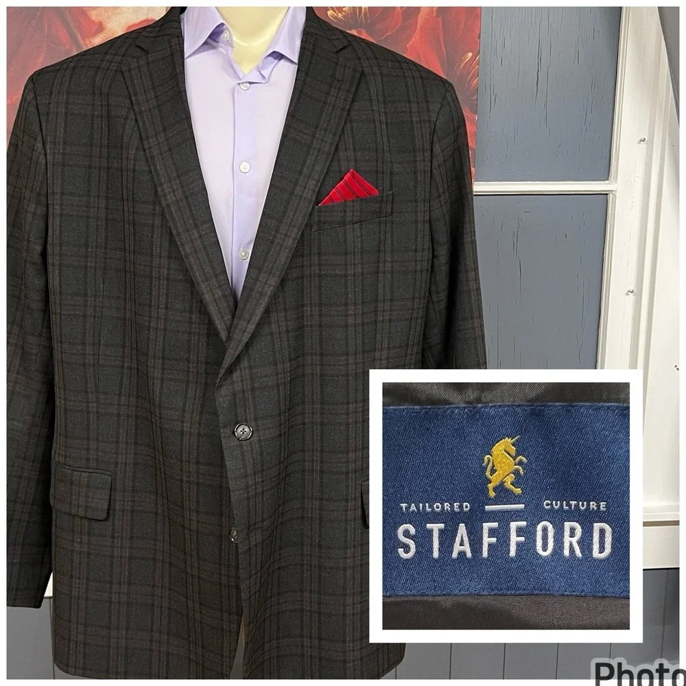 Stafford Blazer Jacket Sport Coat Mens 54R Polyester‎ Blend Stretch Brown/Black